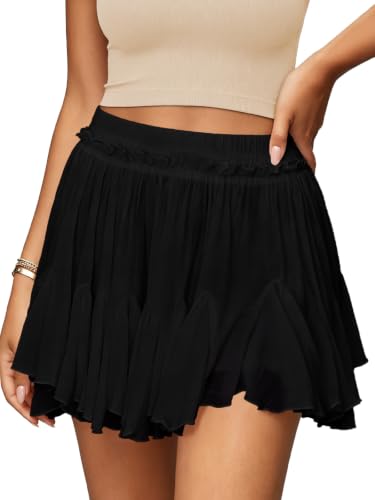 Women's Flowy Skirt Linen Boho Ruffle Mini Skirts Pleated High