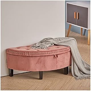INMOZATA Half Moon Storage Ottoman Bench Velvet Window Seat Bench Footstool Upholstered Bench Sofa Bench Bed End Stool for Living Room Bedroom Hallway Pink