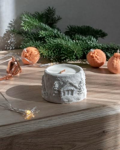 Image of Winter Wonderland Scented Candle, White Ceramic Holder with Snow Village Relief Design, Christmas Holiday Decor