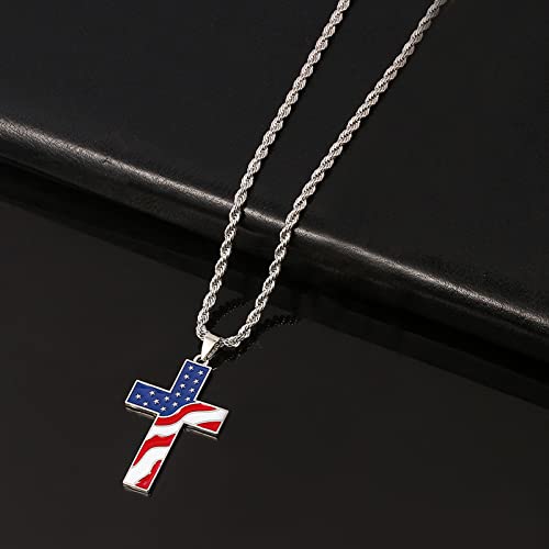 American Flag Cross Pendant Necklace Silver Cross Necklace Independence Day Necklace Patriotic Cross Pendant Jewelry Women Men Boys Girls … (Silver) #TOP2