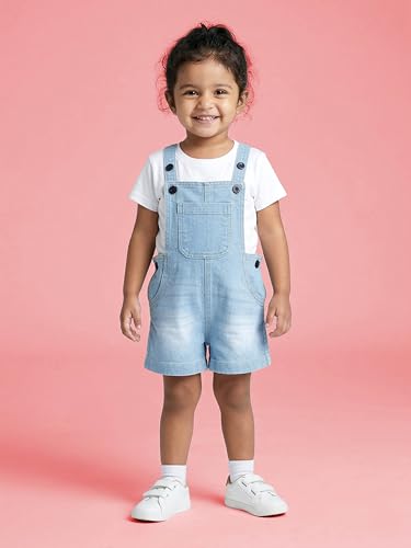 Image of KiddoPanti Unisex Infant Denim Dungaree | Cotton Blend Stretch | Baby Jumpsuit Witth Pockets | Comfortable Casual Outfit for Boys & Girls 6 Months-3 Years