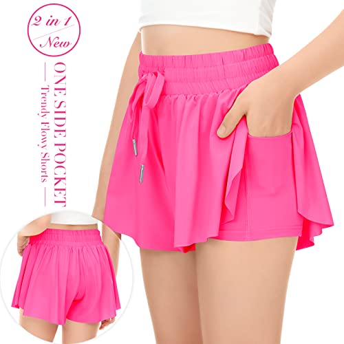 Girls Athletic Flowy Shorts With Pocket 2 In 1 Butterfly Shorts For Teen Girls Youth Running Sports Spandex Shorts Rose Red Small #TOP1