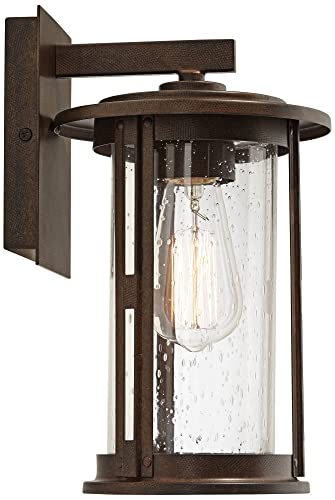 Franklin Iron Works Ridgeland Vintage Industrial Outdoor Wall Light Fixture Bronze 10 1/2" Seeded Glass Cylinder Lantern For Exterior House Porch Patio Outside Deck Garage Front Door Garden Home #TOP5