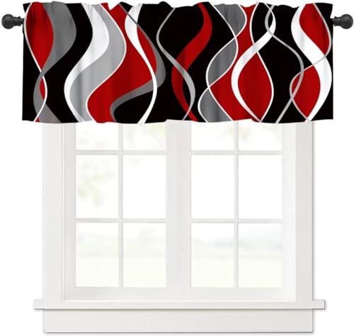 Image of Red Black Gray Modern Geometric Kitchen Valance Curtain, Abstract Striped Minimalist Retro Geometry Window Treatment Valances for Kitchen Living Room Cafe Decor 54'x18', 1 Panel
