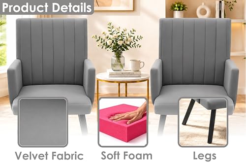 Image of Rosebell Modern Velvet Office Chairs Set of 2 with Armrests & Metal Legs | Upholstered High Back Leisure Chairs for Living Room, Bedroom, Office, Cafe & Dining Room | Grey