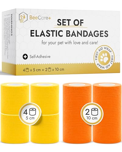BeeCare+ Self-Adhering Dog Bandages for Wounds from Natural Rubber Latex – Licking and Dirt Protection Elastic Cat and Dog Wound Care – Set of Breathable Rolls 4 x 5 cm & 2 x 10 cm
