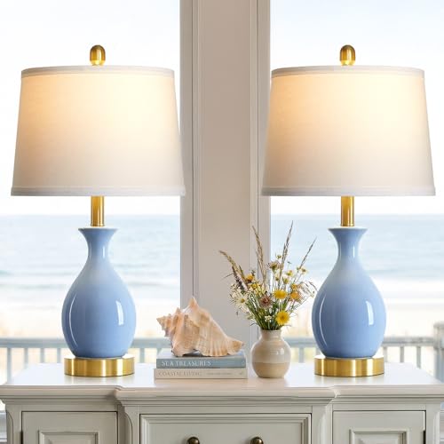 luxeflow 24 Light Blue Ceramic Table Lamps Set of 2 Modern Classic Bedside Lamps for Bedroom Nightstand Small Table Lamp for Living Room Side Table (2 LED Bulbs Included)