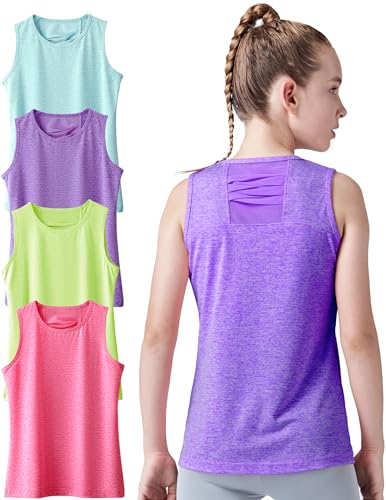 4 Pack Youth Girls Athletic Tank Tops Dry Fit Active Performance Tech Sleeveless Shirts (Set 3, Small)