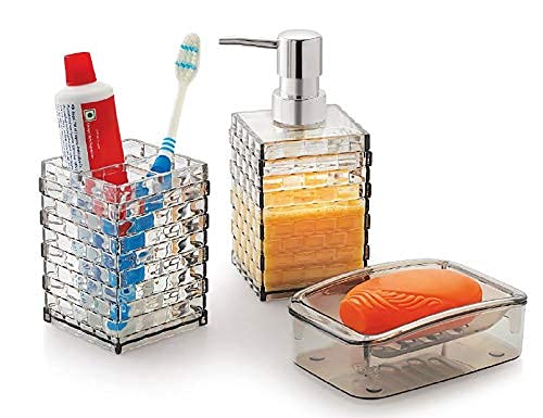 SBA PRIME Bathroom Set Liquid Soap Dispenser Soap Dish Toothbrush Holder Multicolor Bathroom Accessories Organizer Colour May Vary 1