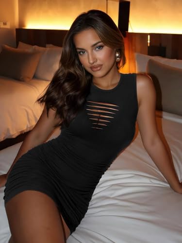 Women 2025 Sexy Summer Bodycon Ruched Party Club Mini Dress Sleeveless Cutout Tight Date Night Tank Short Dresses4