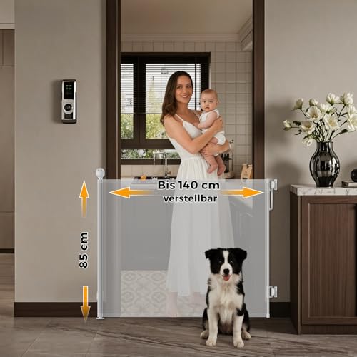 Allyson® Treppenschutzgitter Ausziehbar, Türschutzgitter bis 140 cm Treppengitter für Kinder & Haustiere, Kinderschutzgitter 85 cm Höhe, Haustierschutzgitter Einziehbar, Verstellbar & Stabil – Weiß