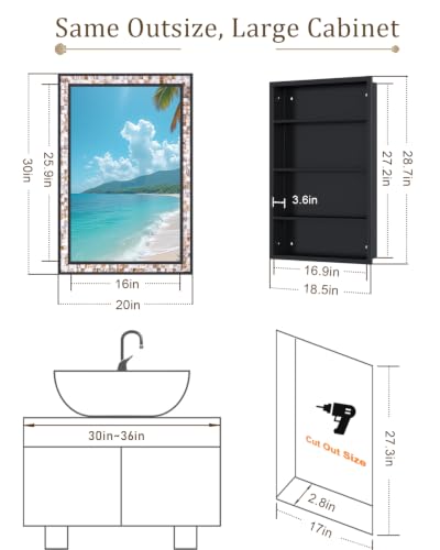 Image of 20 inchx30 inch Black Bathroom Medicine Cabinet with Mirror, Art Deco Mother of Pearl Vanity Mirror with Storage, Reversible Wall Mount or Recessed, Left or Right Open, 3 Shelves 1 organizer Large Space