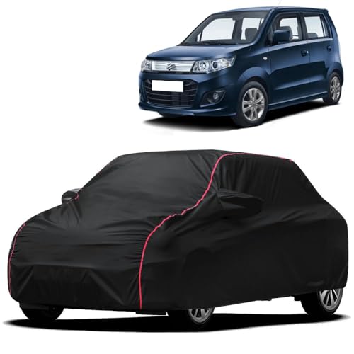 Image of Waterproof Car Cover for Maruti Suzuki Wagon-R | All-Weather Protection, Dustproof & UV Resistant | Triple Stitched Mirror Pockets, Windproof Buckle Strap with Elastic Hem, Black-Red Piping