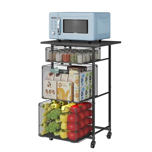 Rolling Kitchen Microwave Cart with Drawer, 4-Tier Microwave Stand Utility Cart with Lockable Wheels, Large Capacity Fruit Vegetable Storage Basket, Kitchen Island Cart for Snacks Potato Onion Drinks - Thumbnail 5