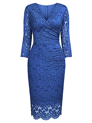 Miusol Women's Retro Deep-V Neck Ruffles Floral Lace Evening Pencil Dress (XX-Large, Blue)
