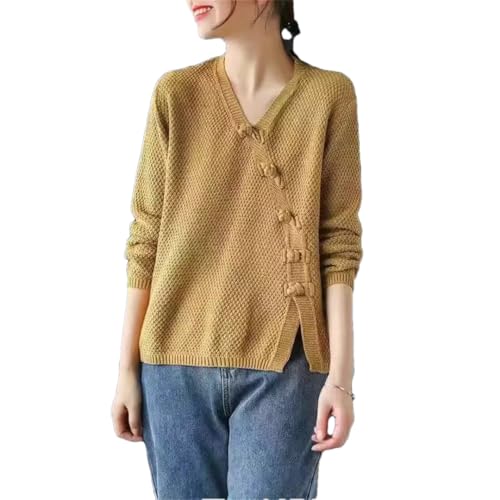 Women Vintage Buttons V-Neck Sweater Ladies Loose Knitting Pullover Top All-Match Jumper Outwear