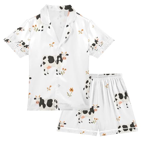 senya Cute Cow A Satin Summer Pajama Sets Silk Short Sleeve Button Down Sleepwear