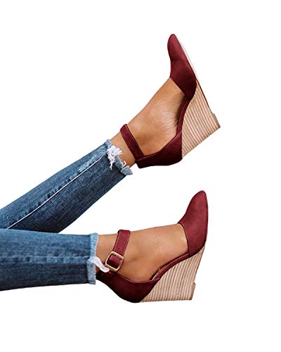 Womens Ankle Buckle Strap Wedge Sandal D'orsay Pointed Toe Cut Out Stacked High Heel Summer Dress Pumps #TOP7