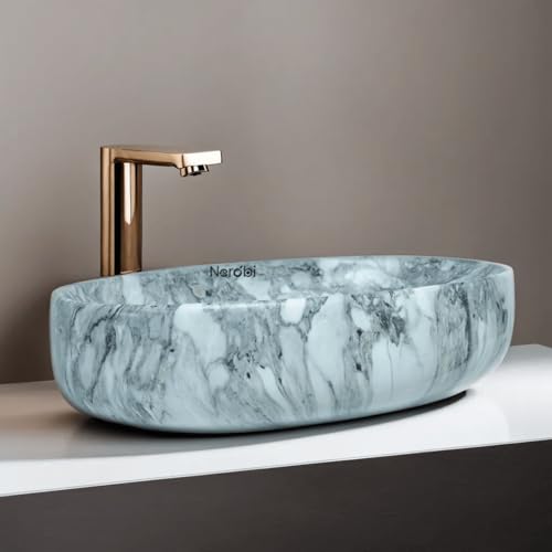 Image of Designer Counter Top Wash Basin | Tabletop Ceramic Bathroom Sink | Wash Basin Over Counter | Wash Basin For Bathroom, Living Room (24 x 15 x 6 Inch) (Designer Grey)