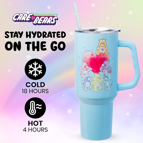 Image of Silver Buffalo Care Bears Watercolor Featuring Tenderheart, Cheer, Grumpy, Funshine, Bedtime, Share Bear Double Walled Stainless Steel Tumbler w Handle & Straw, Fits in Standard Cup Holder, 40 Ounces