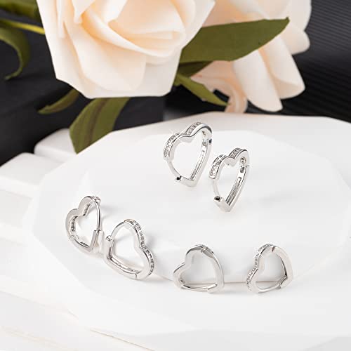 Sterling Silver Hoop Earrings Small Heart Huggie Hoop Earrings for Women Girls Cubic Zirconia Huggie Heart Earings Hypoallergenic Cute Silver Earring Set for Women 3 Pairs2