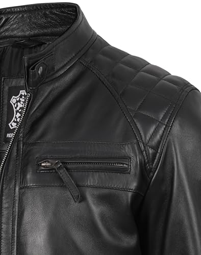 Image of fjackets Mens Leather Jacket Moto Style Real Lambskin Leather Jacket, Quilted Cafe Racer Classic Zip Up Biker Jacket for Men