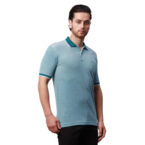 Image of Park Avenue Men's Cotton Polyester Blend Stripe Pattern Slim Fit Rib Collar Polo Neck Half Sleeve Casual T-Shirt