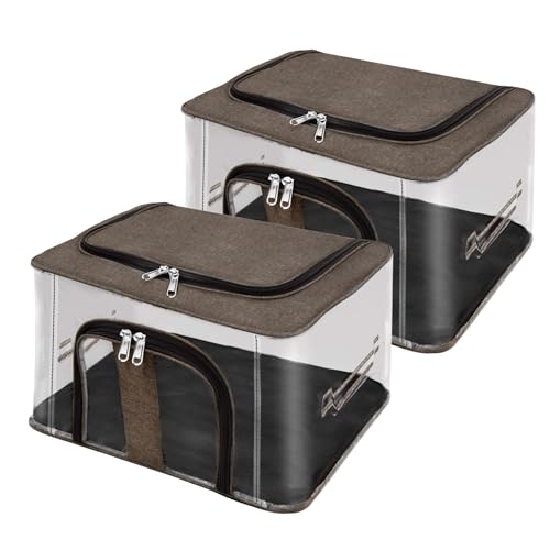 Image of Storite 2 Pack Nylon 33 L PVC Transparent Moisture Proof Storage box for Clothes Closet Wardrobe Organizer for Clothes Saree Bags with Carry Handle (Brown, 44L x 31W x 24H cm)