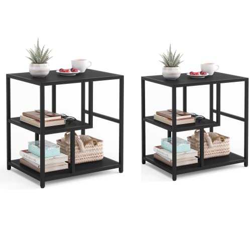Image of LINSY HOME End Table 2 Pack, 3-Tier Narrow Side Table with Storage Shelves, Industrial Beside Sofa Table, Solid Nightstand for Living Room, Bedroom, Balcony, and Office, Easy to Assembly, Black