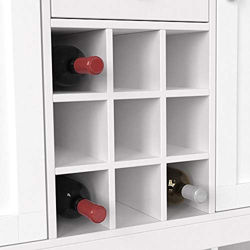 Retro White Sideboard with 9 Wine Rack for Living Room/Kitchen, Storage Cabinet with Drawer and Shelf, Console Table for Hallway, Farmhouse Storage Cupboard Buffet for Dining Room Multifunctional