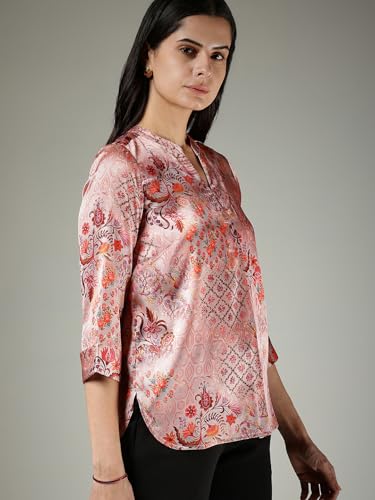 Image of FableStreet Women Shirt Work & Casual | Relaxed Fit Mandarin V-Neck Three-Quarter Sleeves Solid Pattern | Breathable Woven Fabric for Office & Everyday Wear