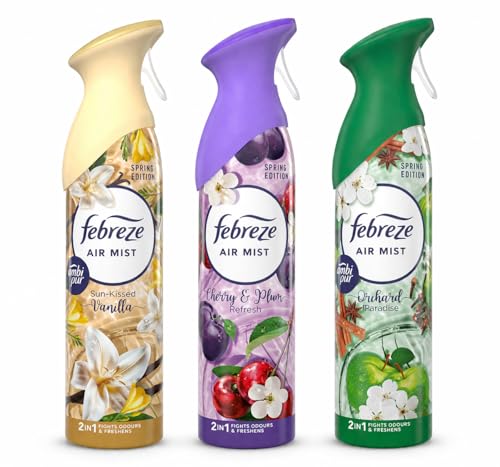 Febreze Air Freshener SUN KISSED VANILLA, CHERRY & PLUM, ORCHARD PARADISE - SPRING EDITION Spray 185ml x 3 | Odour Eliminator with OdourClear Technology | Long-Lasting Room Freshener