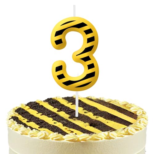 Construction 3rd Birthday Number Candles, Number 3 Candle Cake Topper Decorations for Yellow and Black Striped Themed Parties, Birthday Cake Candles for Boys Girls Kids Party Supplies