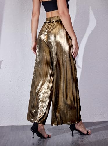 heipeiwa Women's Metallic Wide Leg Palazzo Pants Rib Pleated Raw Hem Party Club Sequin Slacks Pant2