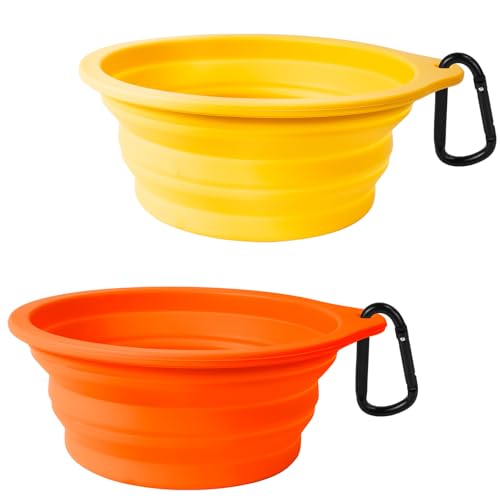 PetBonus 2-Pack Silicone Collapsible Dog Bowls, BPA Free Dishwasher Safe, Portable Foldable Expandable Travel Bowl, Food Water Feeding Cup Dish for Dogs Cats with 2 Carabiners (Orange, Yellow)
