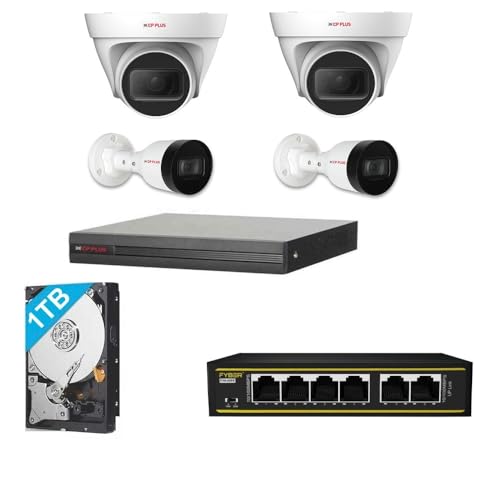 Image of CP Plus 4MP IP Network Night Vision with Audio Recording 4 CCTV Camera Set with (4 CH NVR,Outdoor bullete-2Nos,Indoor Dome-2Nos,4+2 Port POE Switch-1Nos,1TB Hard Drive