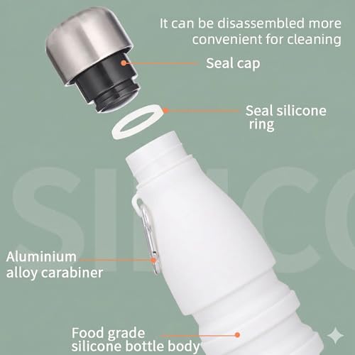 Image of ZENOVIA Collapsible Silicone Water Bottle, White, 550ml | Foldable, Leakproof, BPA-Free, Portable Reusable, For Gym, Hiking, Camping, Office & Kids