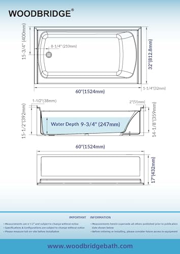 WOODBRIDGE 60” x 32” Alcove Soaking Bathtub in white with Left-Hand Drain Hole – Tub Only (No Wall Panels)
