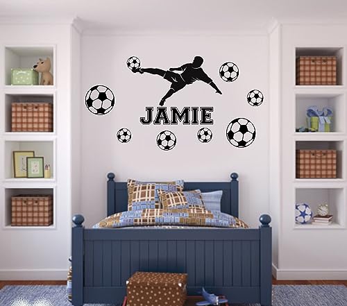 Personalised Football Wall Sticker Boys/Girls Football Player with Football Wall Sticker Home Decor Personalized Football Game Decal FB2B (W110xH58cm)