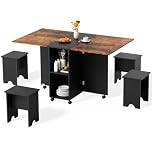 Warmiehomy 5 pcs Dining Room Set Wooden Foldable Dining Table Set with 4 Stools, Multi-Functional Drop Leaf Table and Chairs for Small Spaces Home Apartment Living Room Office, Space Saving