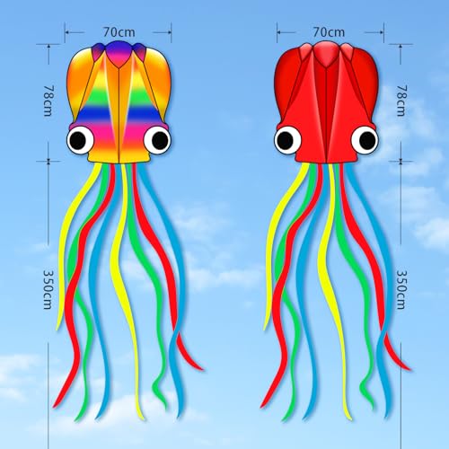 YFAFENGS Large Octopus Kites for Kids & Adults,Big Kite for Beginners, Kites for Kids Ages 4-8,Outdoors Activities with Line and Handle, 2 Packs (Rainbow+Red)