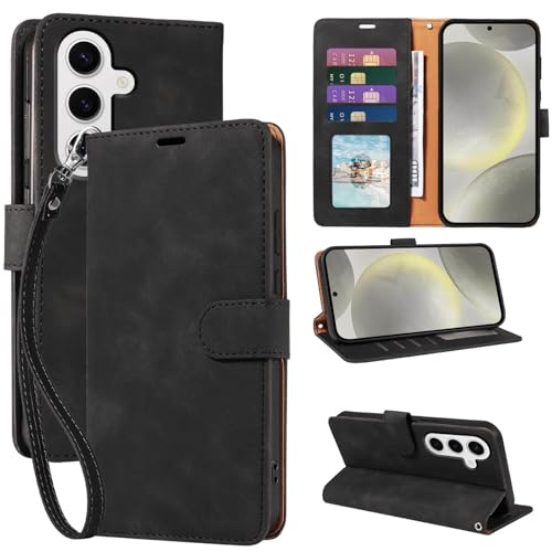 JHWVVTF for Galaxy S24 Case Wallet, RFID Blocking 4 Card Slots Holder, Wrist Strap, Shockproof Protective, Stand Soft PU Leather Folio Flip Cover for Samsung S24 Case 6.2 inch (Black)