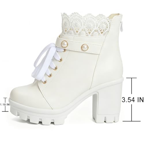 Image of FOREADA Goth Platform Heel Combat Boots Women Pearl Lace Victorian Booties