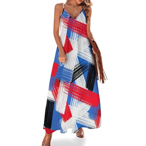 Robe longue pour femme ete sans manches a carreaux rouges et bleus