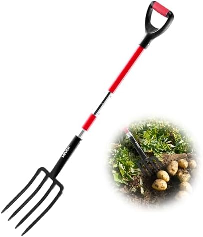 VEVOR Garden Fork, 4-Tine Gardening Pitchfork with Fiberglass Handle, 45 in Heavy Duty Digging Fork with Y Grip, Forged Steel Spading Fork for Hay Potato Composting Transplanting Aeration