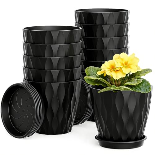 12er Set blumentopf, 10cm Kunststoff Pflanzentopf blumentopf Waffelmuster mit untersetzer und Drainagelöchern, Pflanzgefäßen Blumentöpfe mit Untersetzer für Zimmerpflanzen und Balkonpflanzen (Schwarz)