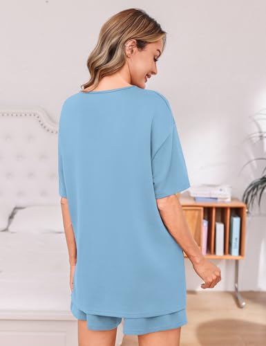 Totatuit Women's Oversized T-Shirt and Shorts Set 2 Piece Summer Outfits High Waisted Lounge Sets with Pockets Casual Travel Clothes Light Blue Small — view 5
