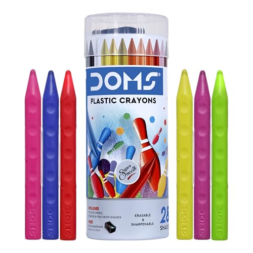 Image of Doms 28 Shades Erasable Plastic Crayons Round Tin Box | Smooth & Even Shading | Bright & Playful Colors | Free Sharpner Inside | Non-Toxic & Safe For Childrens | Pack Of 2, Multicolor