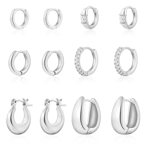 HILXURY 6 Pairs Small Gold Huggie Hoop Earrings for Women, 14K Gold Plated Cartilage Piercings Hoop Earrings Hypoallergenic, Trendy Lightweight Chunky Hoops Set for Women Gifts. (B- Silver)