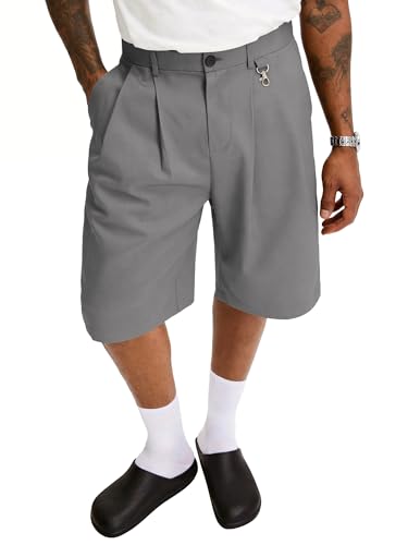PLEPAN Mens Baggy Wide Leg Casual Shorts Pleated Dress Work Business Elastic Waist Summer Shorts Gray X-Large